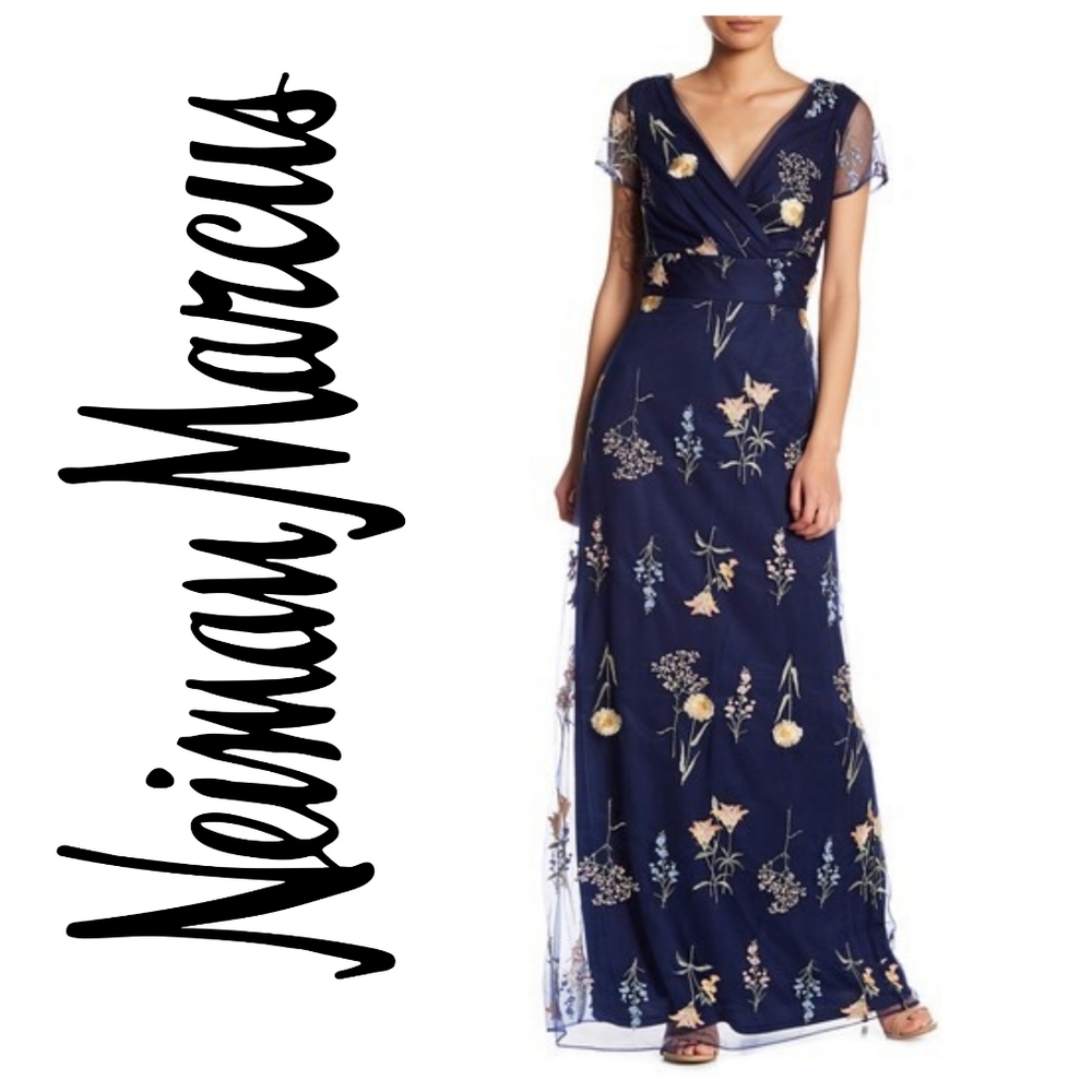 Neiman Marcus Chetta B. Floral Embroidered Dress